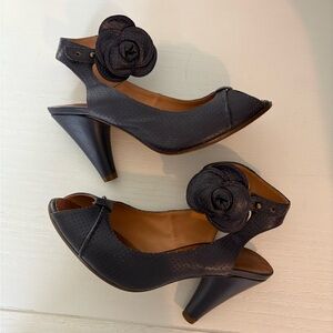 Chie Mihara Navy Open-Toe Heels with Floral Accent